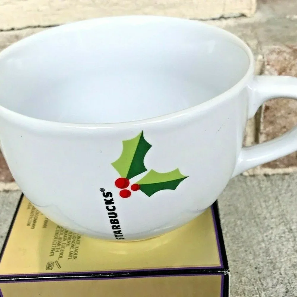 Starbucks Christmas Soup Bowl Coffee Mug 2011 White Red Green Holly Collectible